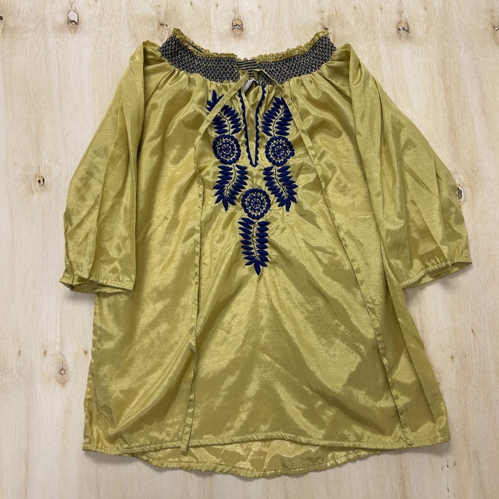 Y2K Blue Plate Blouse Womens Medium Green Embroidered 3/4 Sleeve Boho Tunic Top